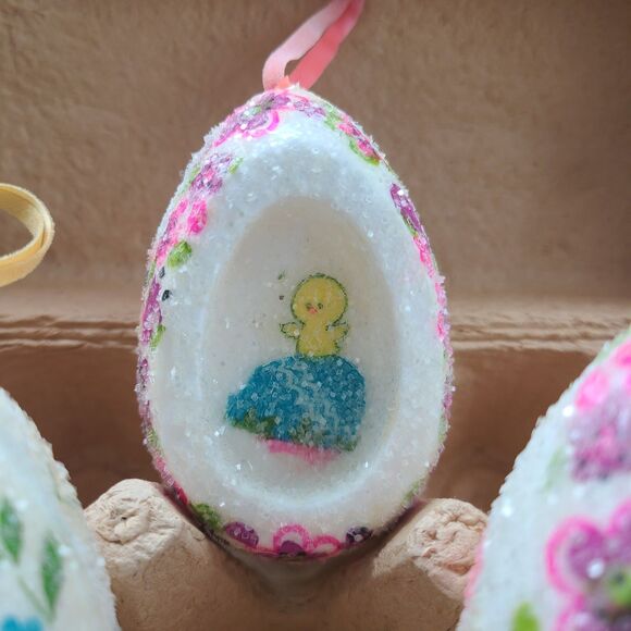 Vintage Large Sugared Glitter Foam Mod Eggs Floral Easter Decoupage Handmade - Picture 5 of 9